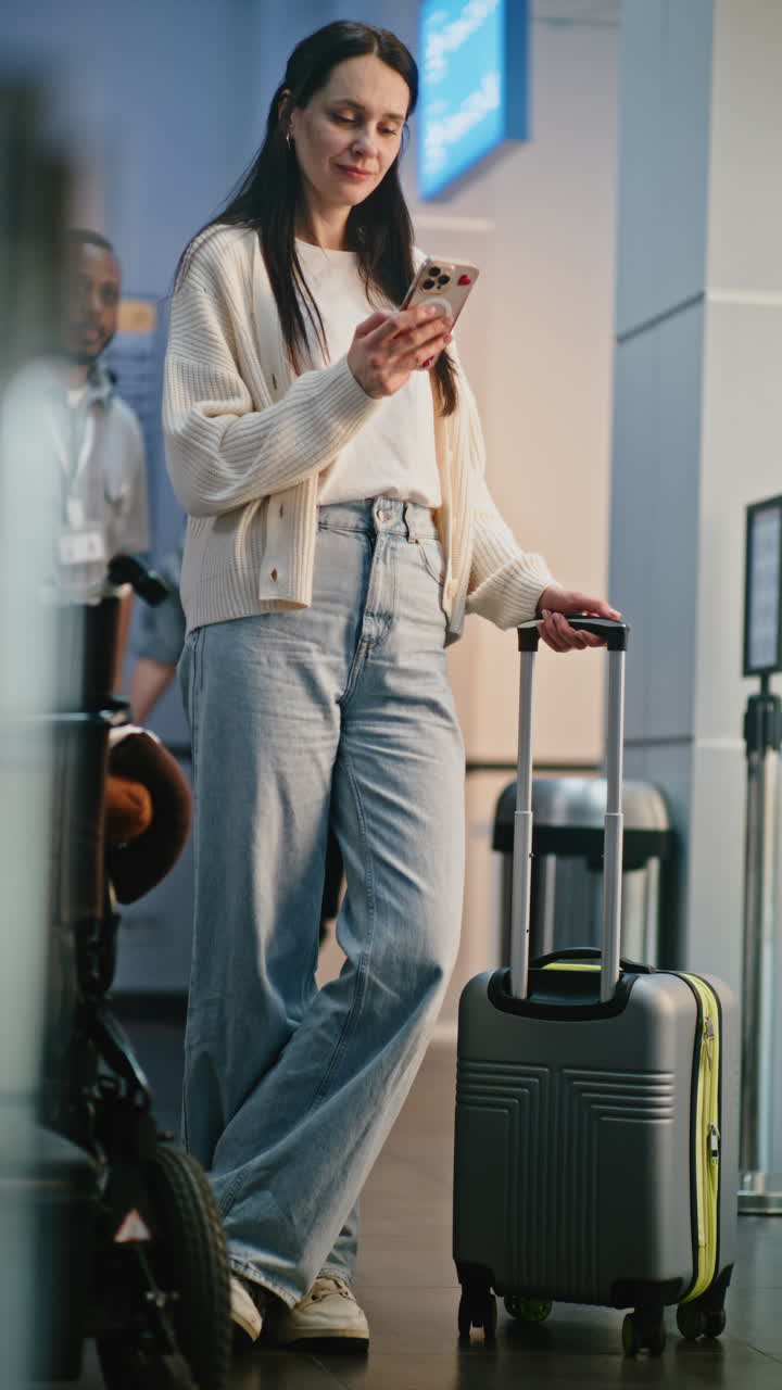 Woman at Airport Checking Phone with Luggage