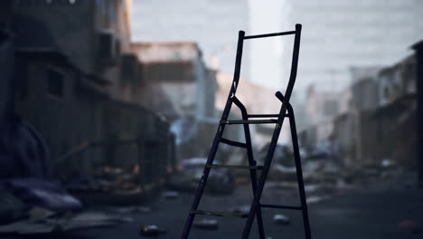 lonely ladder standing on a debris filled street in an abandoned urban area