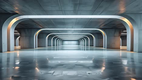 futuristic concrete arched hallway with modern lighting