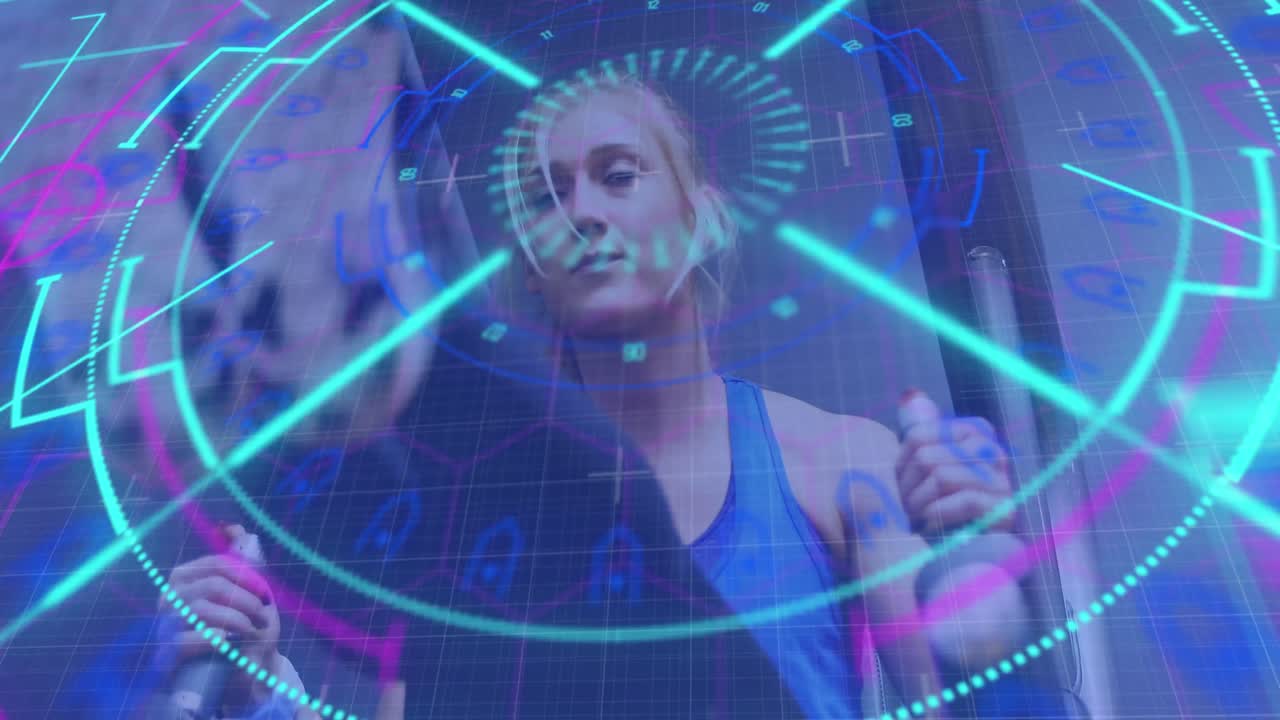 운동하는 여성 운동 선수에 대한 데이터를 처리하는 원형 스캐너의 애니메이션