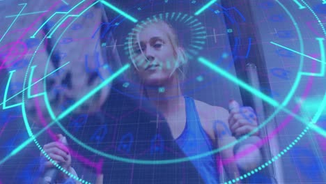 animación de un escáner circular que procesa datos sobre una atleta ejercitándose
