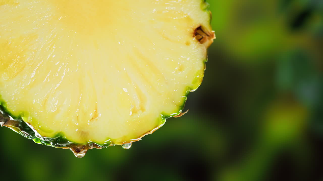 Close-up of Fresh Pineapple Slice with Dripping Water