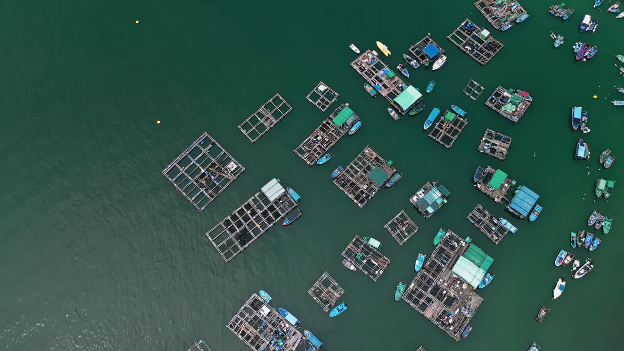 Overhead view over the fishing boats and rafts of the fish farms tilting up to show Park Island, a private housing estate, on Ma Wan island, Hong Kong, China