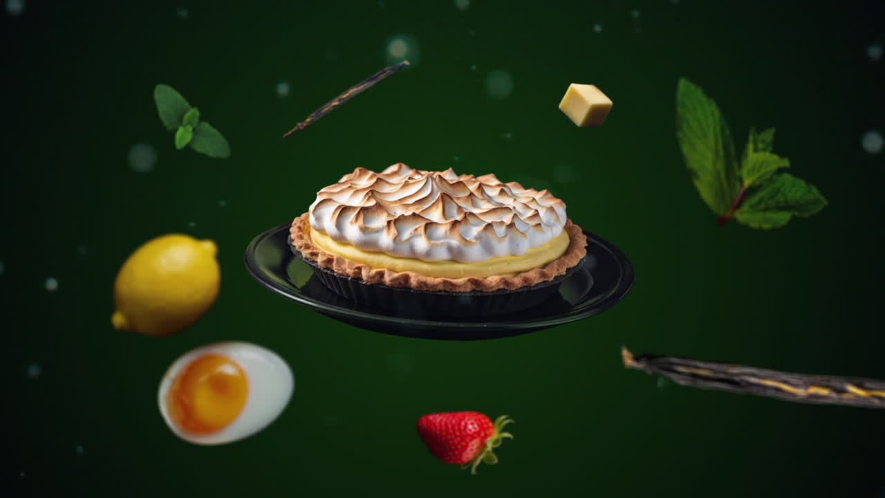 Lemon Meringue Pie dessert Animation intro for advertising or marketing on green backgroun for restaurants with the ingredients of the dessert flying in the air - add price or sale