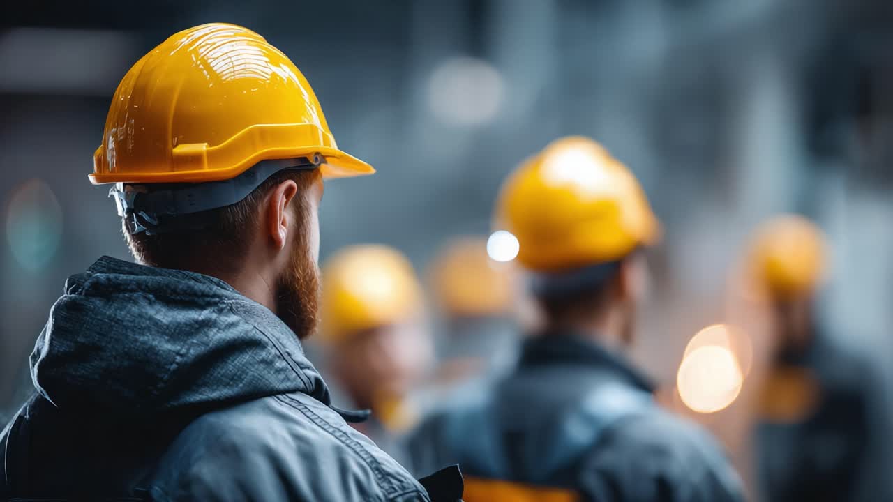 Un gruppo di operai edili con elmetto, concentrati sulla sicurezza e sul lavoro di team, che mostrano la loro professionalità e l'impegno per un lavoro di qualità in un ambiente dinamico