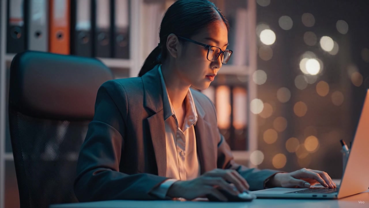 Focused Professional Working Late at Night on Laptop in Stylish Office with Soft Ambient Lighting and Blurred Background of Filing Cabinets and Bokeh Effects