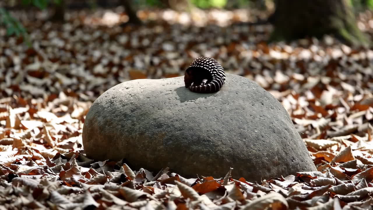 A curled millipede rests on a rock in a forest