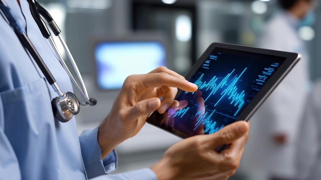 Medico in camice che usa un tablet digitale per esaminare dati medici.