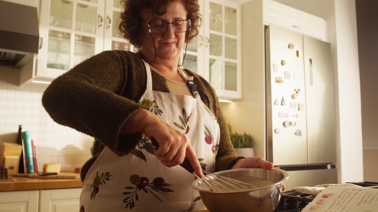 Woman steadily whisks batter in a metal bowl while following a recipe nearby