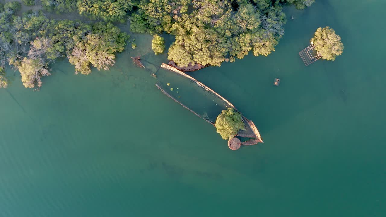 Aerial orbit top down of shipwreck at Garden Island Ships' Graveyard, Adelaide, South Australia