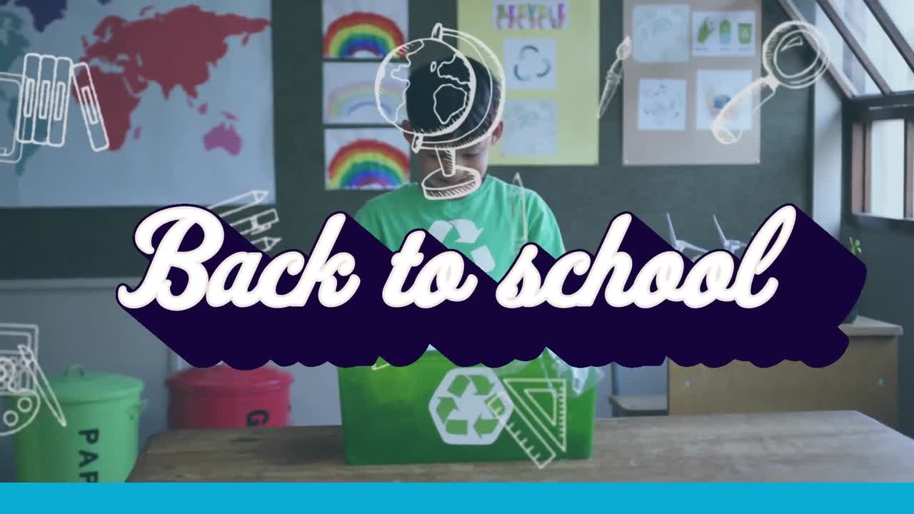 animación de texto de regreso a la escuela e iconos sobre un escolar que sostiene una caja de reciclaje