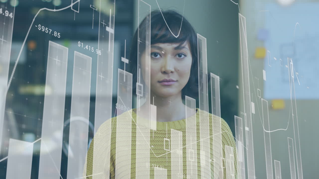 Animation of data processing over biracial businesswoman smiling