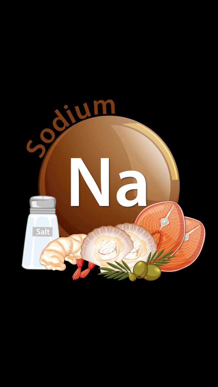 Một biểu tượng nguyên tố natri màu nâu dần dần hiện ra chữ 'Sodium' và các hình minh họa thực phẩm, bao gồm muối, tôm, cá hồi và ô liu, trên nền đen