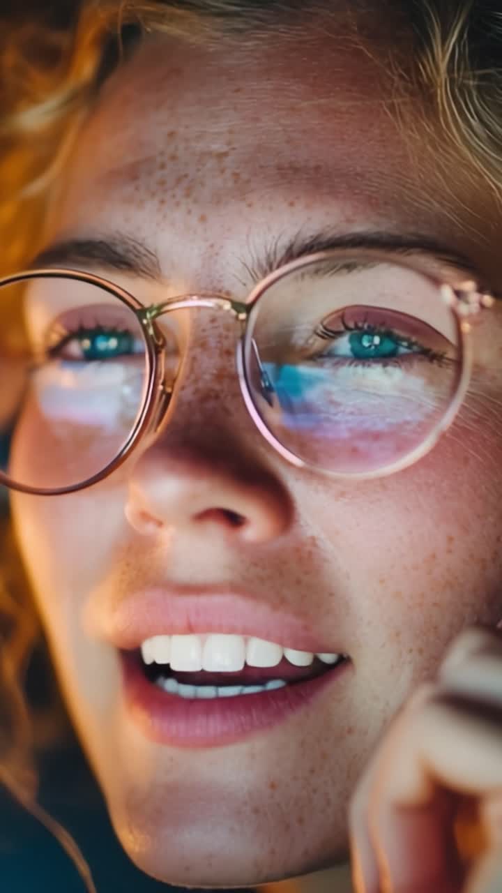 Captivated by the Glow: A Close-Up Exploration of Emotion and Connection Through the Eyes of a Young Woman with Freckles and Glasses, Deep in Thought and Reflection