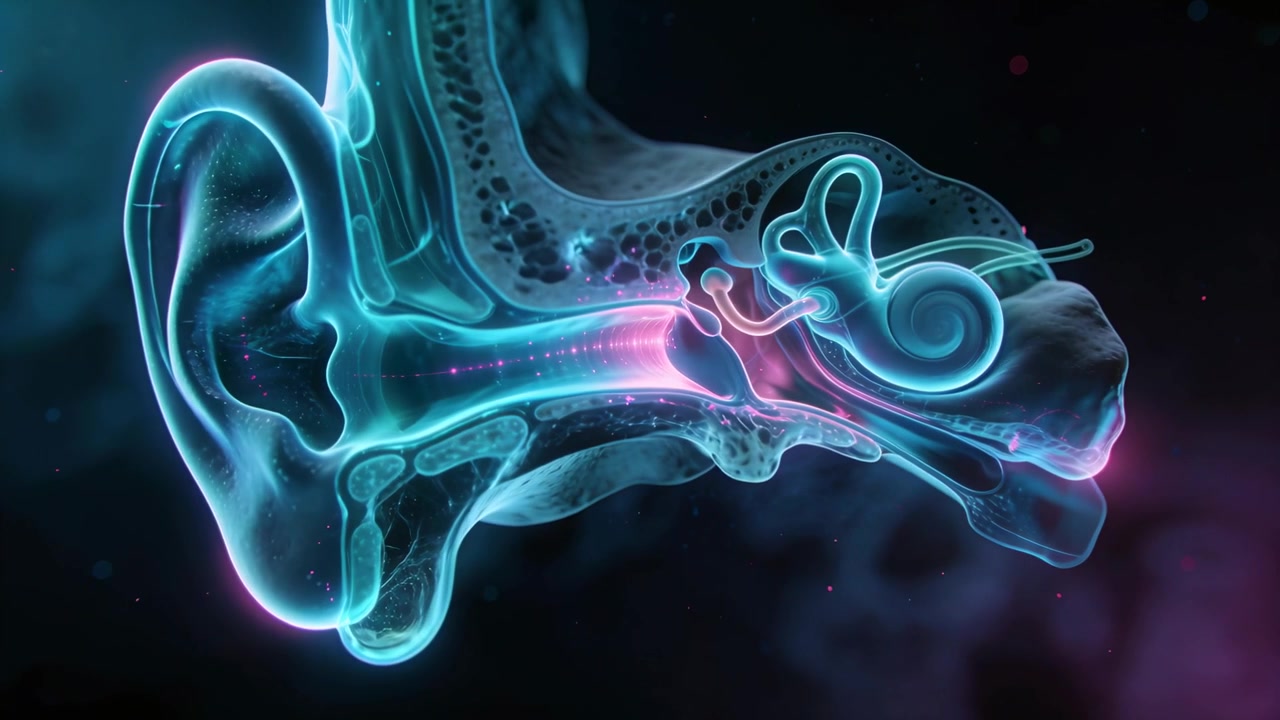 Modello di orecchio animato in studio che traccia un impulso magenta nel canale, mostrando gli ossicini che si muovono verso la coclea.