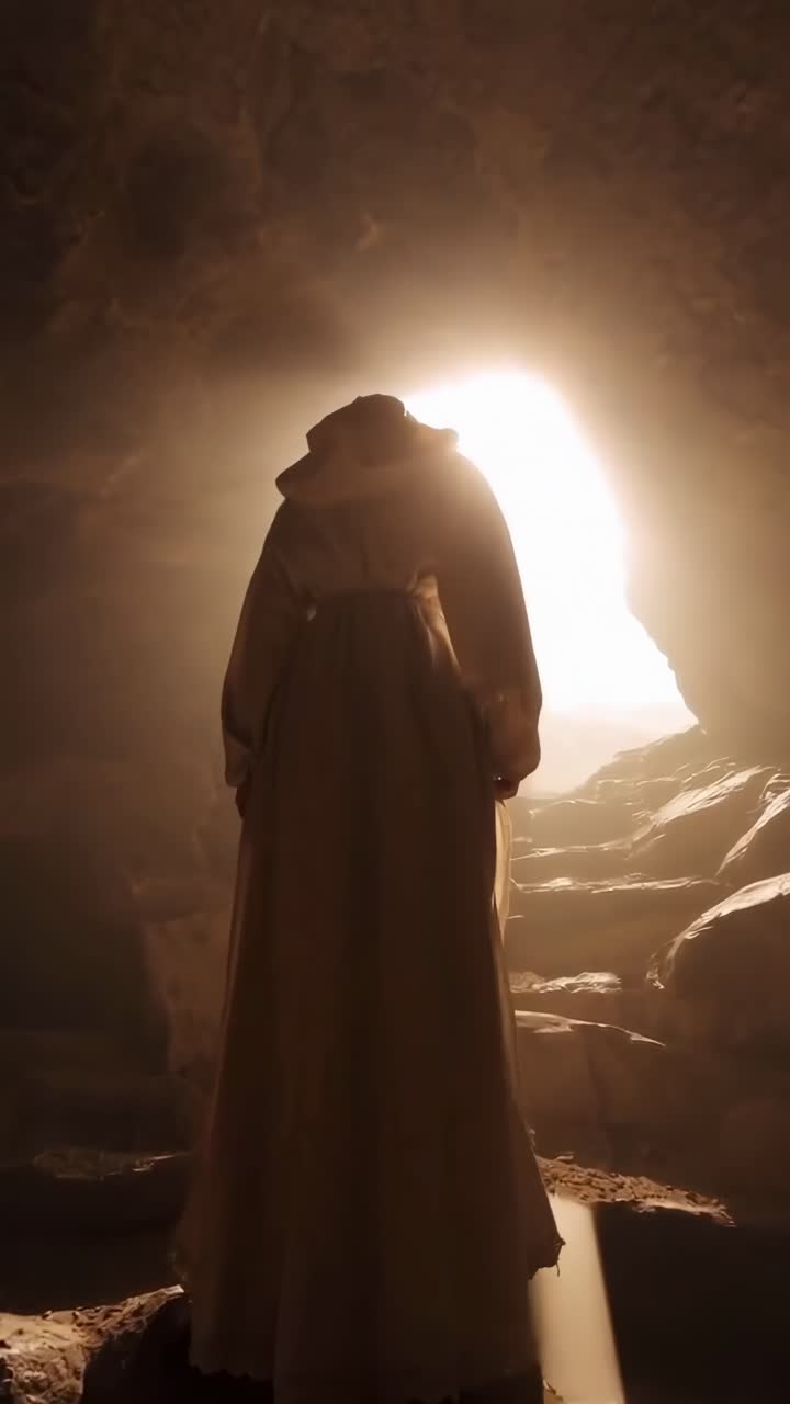 Figura misteriosa con tunica incappucciata che guarda verso una luce intensa in una grotta