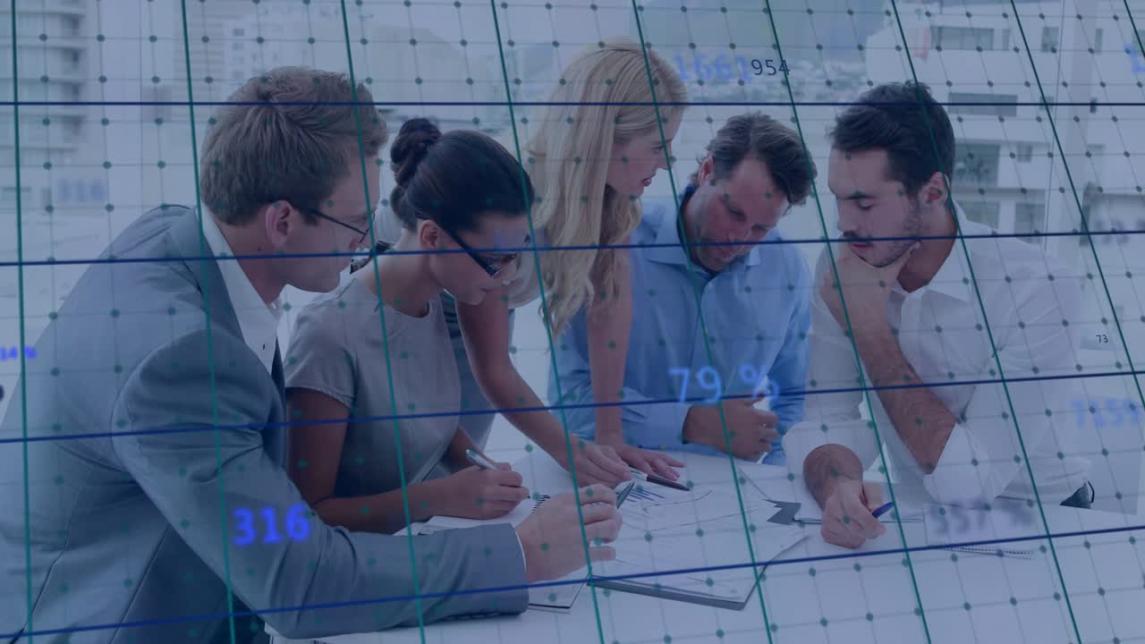 Five biz pros leaning over table woman pointing sheet sparking digital grid marking charts planning