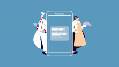 chef and waiter in smartphone wearing medical mask for covid19 protection