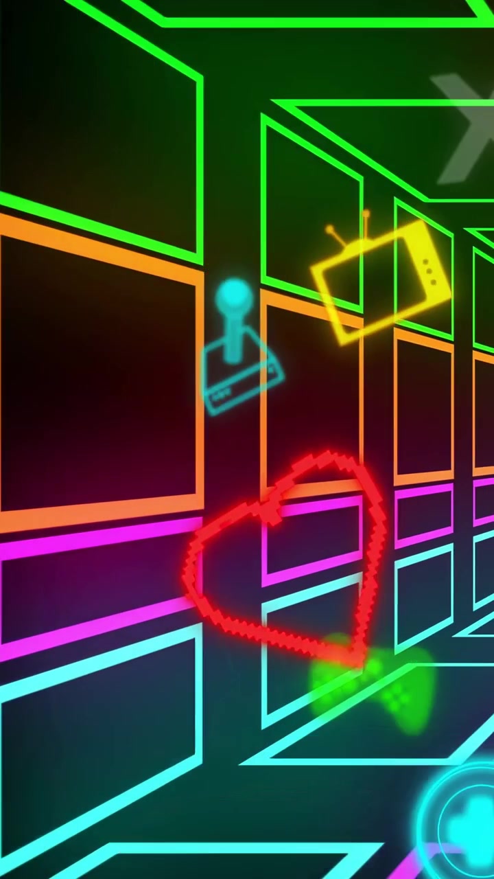 Video verticale: Inizia un corridoio al neon, che incornicia icone di gioco, TV e controller che si muovono verso l'interno creando de.