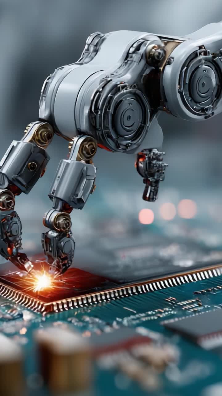 Avanceret robotarm i gang med præcisionsmontering af elektronik. Se den nyeste teknologi i aktion med detaljeret interaktion med mikrochips og innovativt mekanisk design