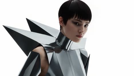 futuristic fashion: a modern model showcasing innovative design with geometric metallic elements and a striking silhouette against a minimalist background