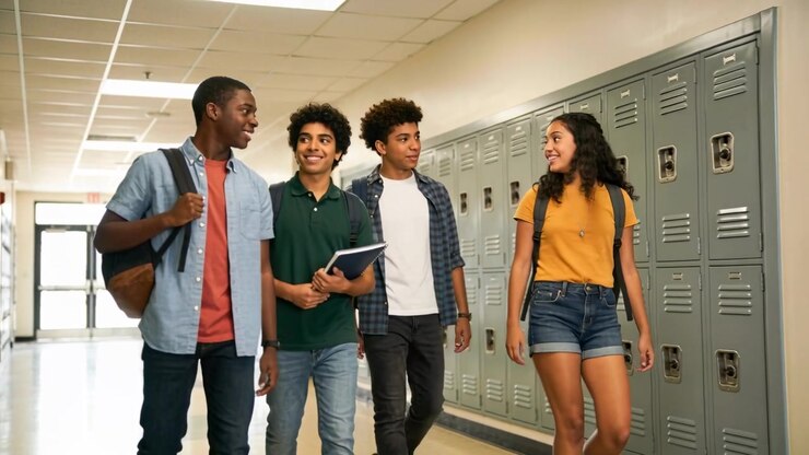 Walking four students heading to class in school hallway, leftmost student speaking, lockers