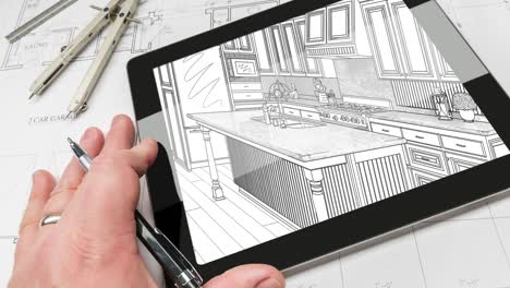 cinemagraph de bucle de 4k de la mano en la tableta de la computadora con el dibujo de la cocina en transición a la foto