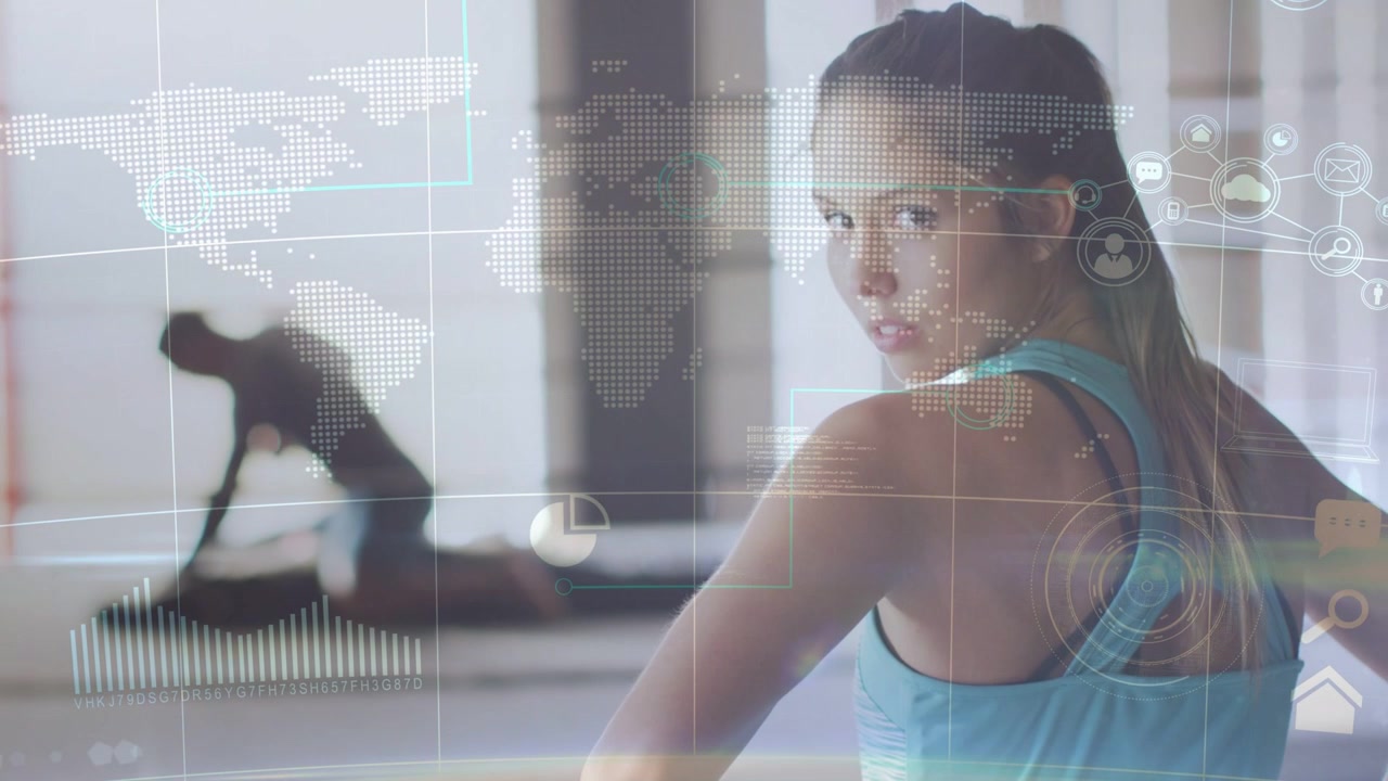 Young Woman in Gym with Digital Overlay of Global Data