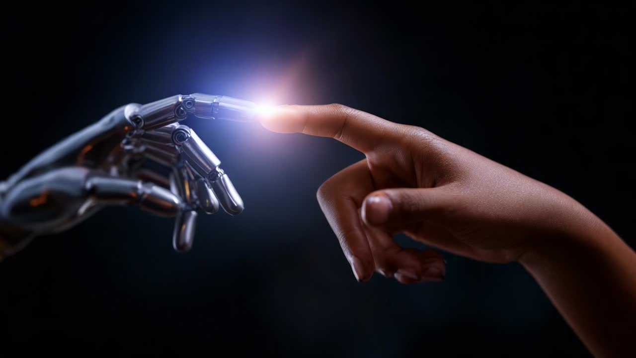 A Captivating Encounter Between Humanity and Technology: The Moment When a Human Hand Reaches Out to Connect with a Robotic Hand, Signifying the Intersection of Life, Innovation, and Creativity in a Spark of Light
