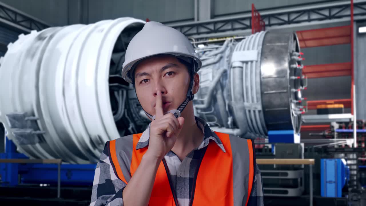 Close Up Of Asian Male Engineer With Safety Helmet Making Shh Gesture While Standing With Airplane Engine Maintenance Conducted, Analytics Checking the Turbine