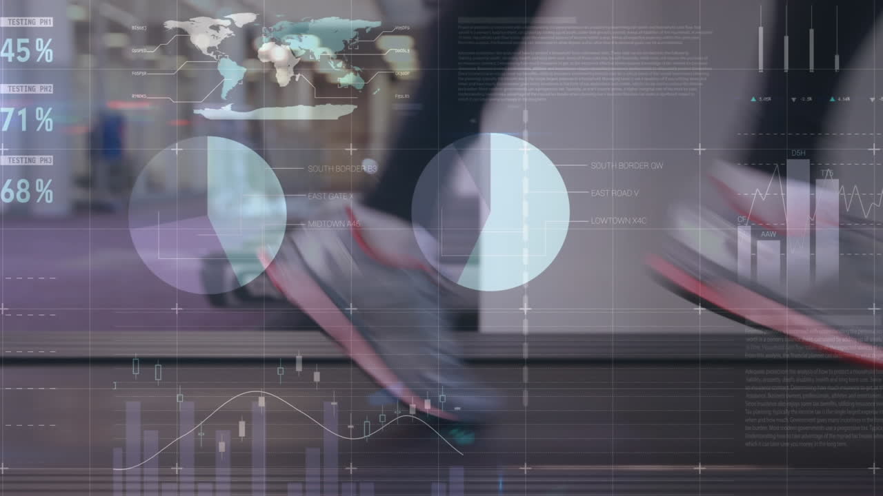 Animation of network of connections and data processing over fit woman exercising in gym