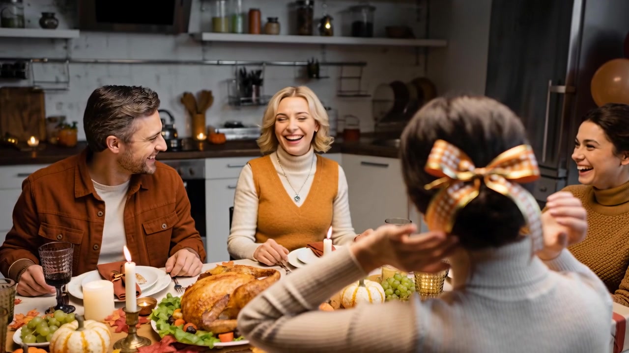 Mujer con top de canalé estirándose para asegurar un lazo a cuadros en la mesa de la cocina con un pavo.