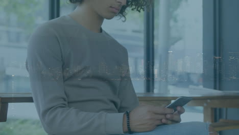 animation of man using smartphone over cityscape