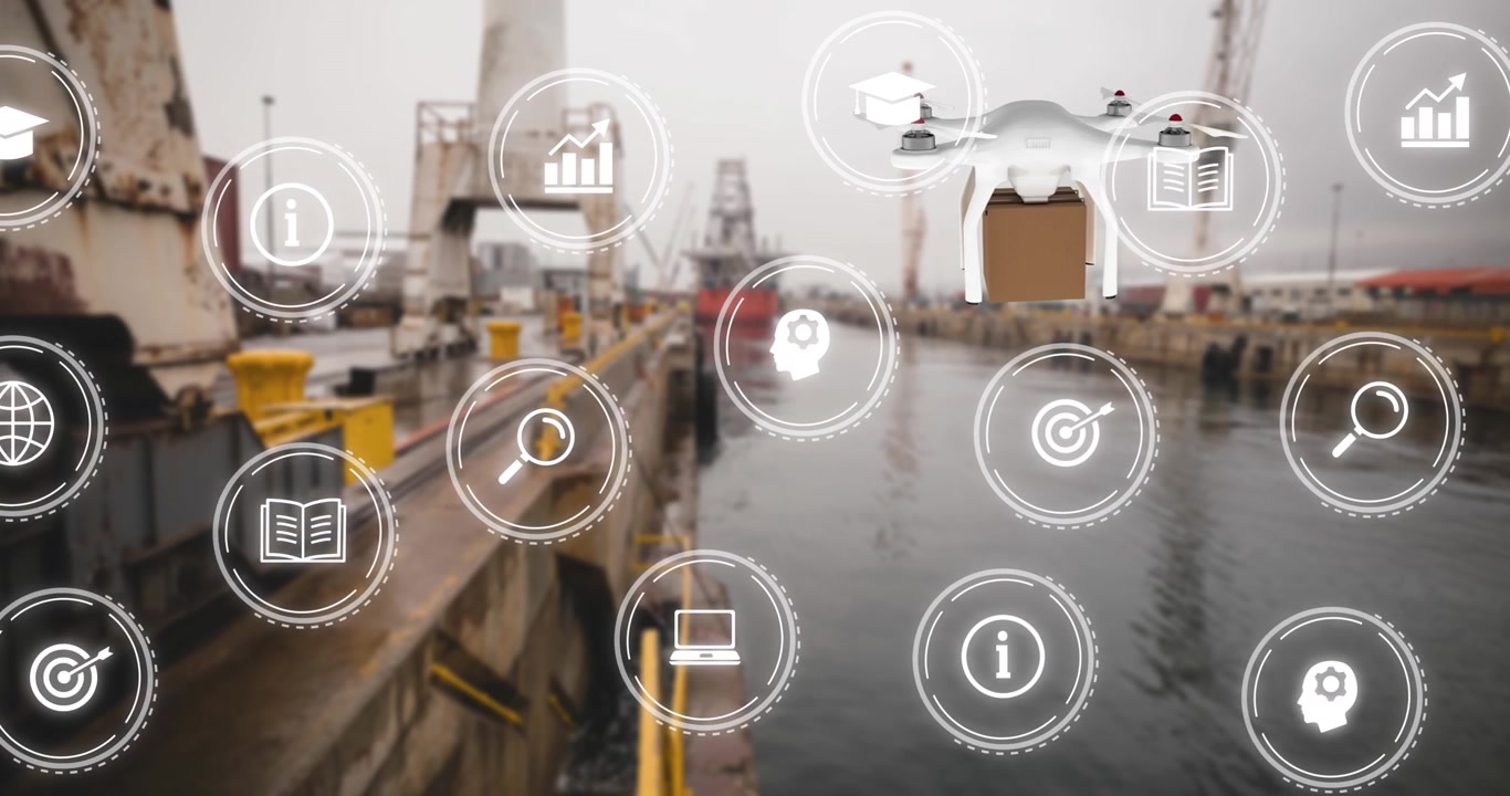 Drone per consegne che trasporta un pacco su un porto industriale con interfaccia digitale
