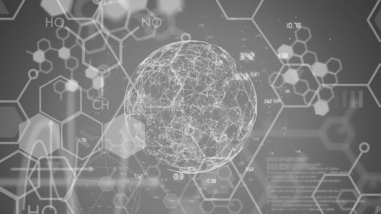 회색 배경에 전 세계 과학 데이터 처리의 애니메이션