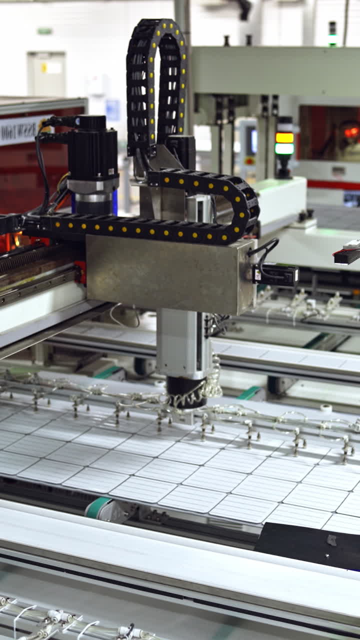 Robotic equipment for producing solar panels. Automated manufacturing of solar cells in a modern factory. Vertical video
