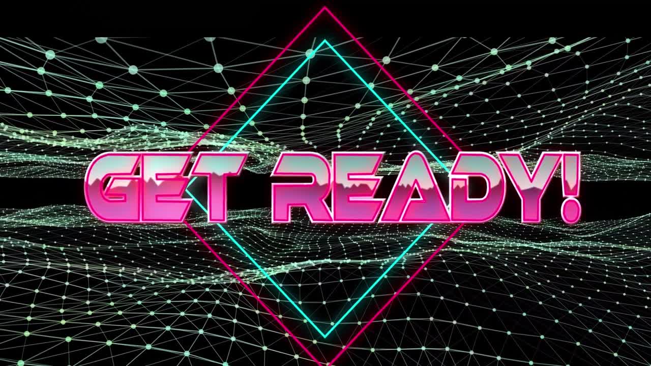 검은색 배경에 디지털 그리드 위에 준비된 텍스트의 애니메이션