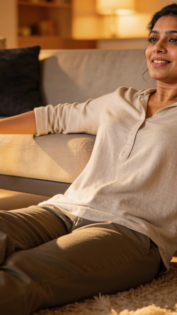 Video verticale: Donna che si sistema con top beige e pantaloni verde oliva, aggiustandosi e rilassandosi a casa con il divano.