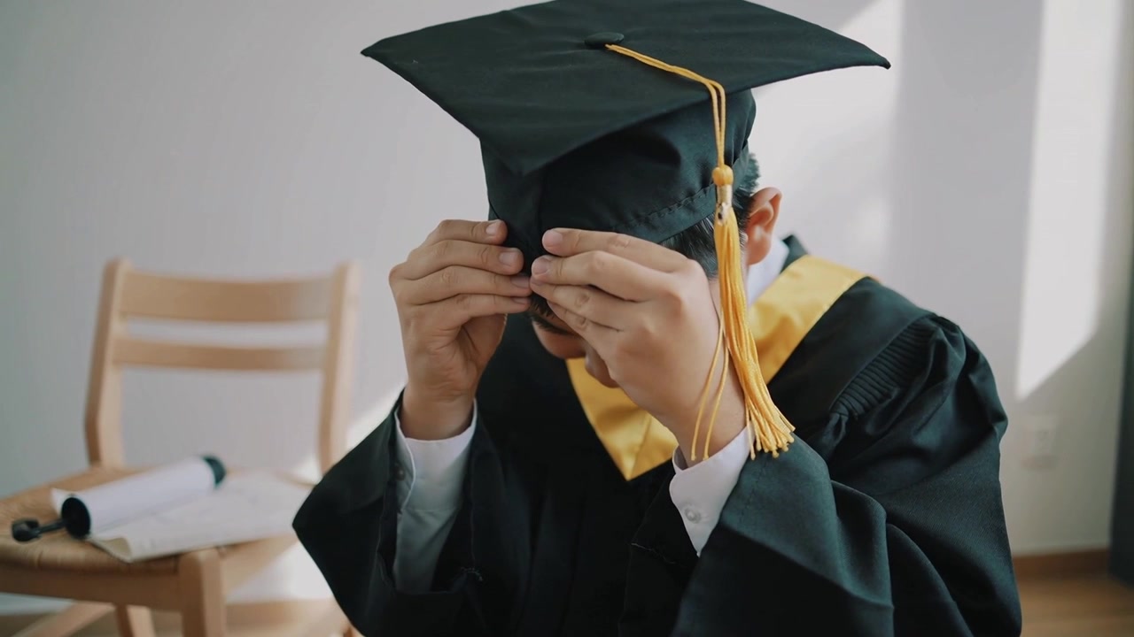 Adolescente asiatico in toga che si sistema il tocco, seduto in una stanza con un diploma arrotolato su una sedia.