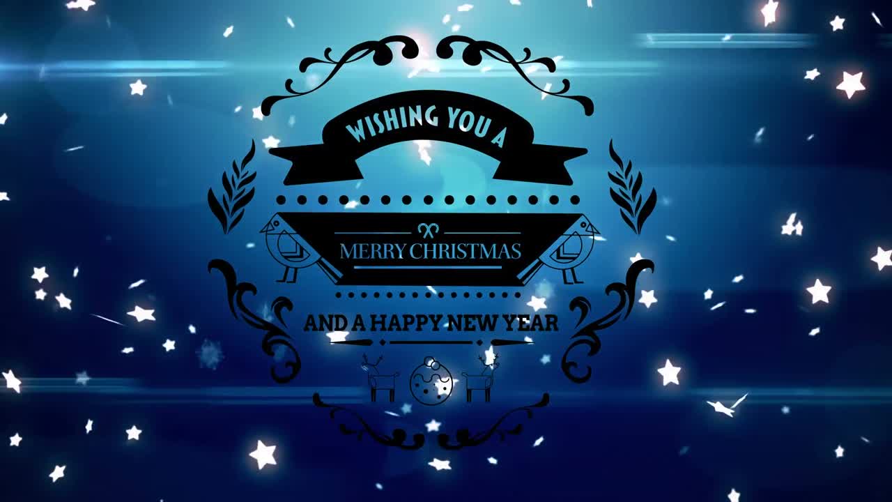 크리스마스 축하와 새해 축하 텍스트 배너는 파란색 배경에 떠다니는 반 ⁇ 이는 별에 대해