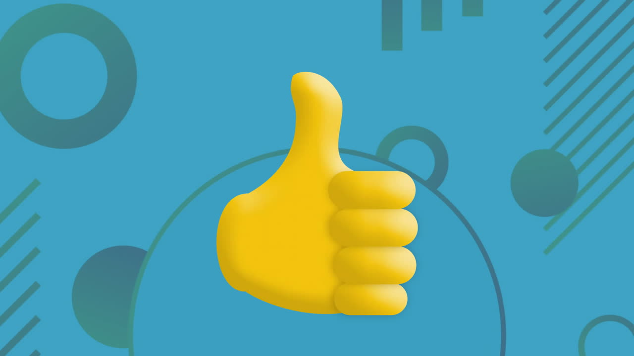Thumbs up emoji animation over blue background with geometric shapes