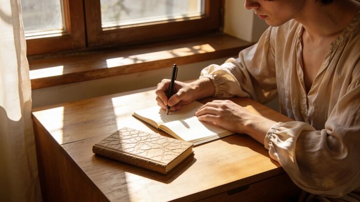 Frau in Bluse öffnet Notizbuch, macht Notizen an einem Holzschreibtisch, fixiert Seite mit Stift, mit Freiraum für Text