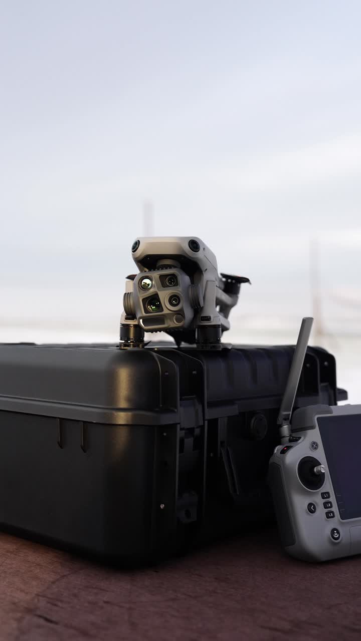 Vertical shot of approach toward drone equipment on wooden table, Czechia