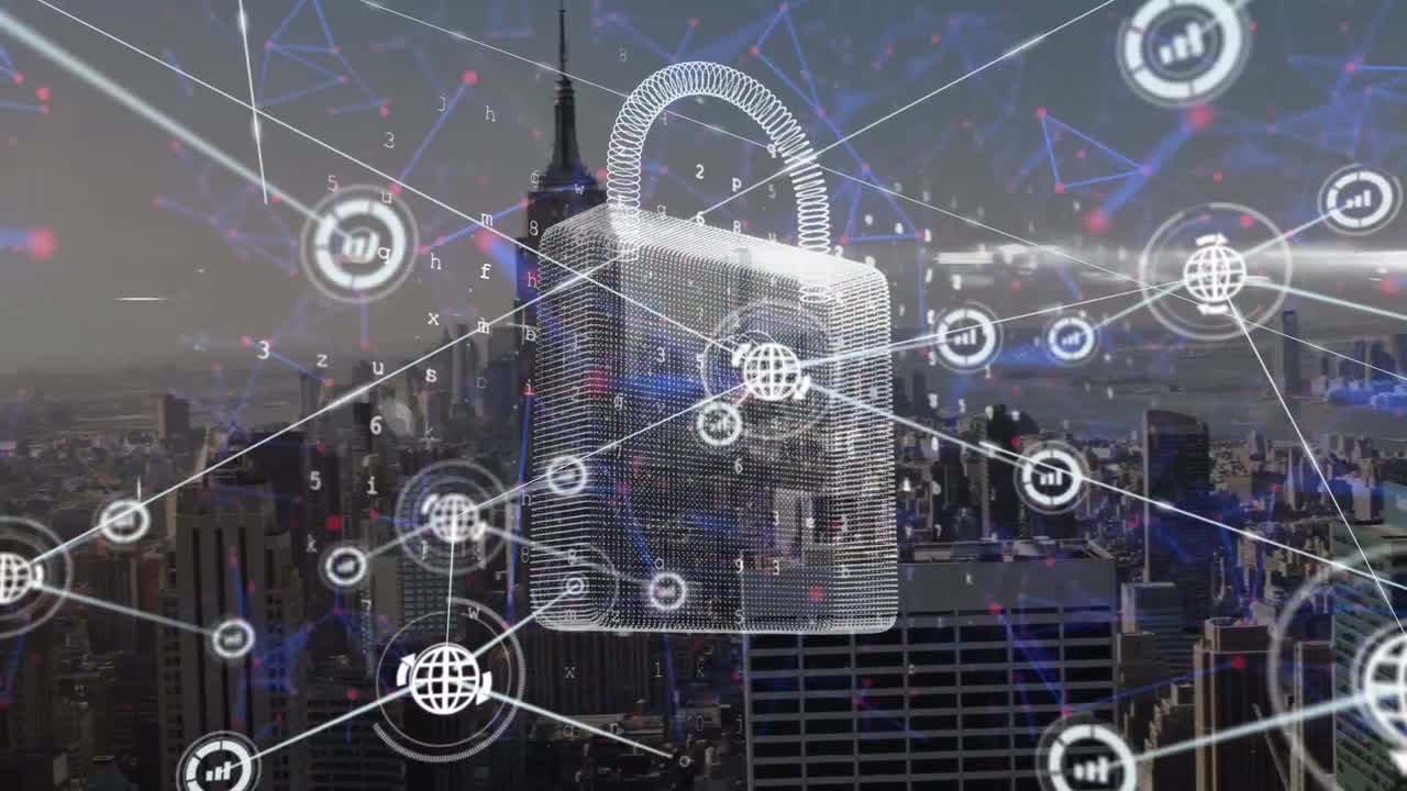 animación de la red de conexiones y el icono del candado sobre el paisaje urbano