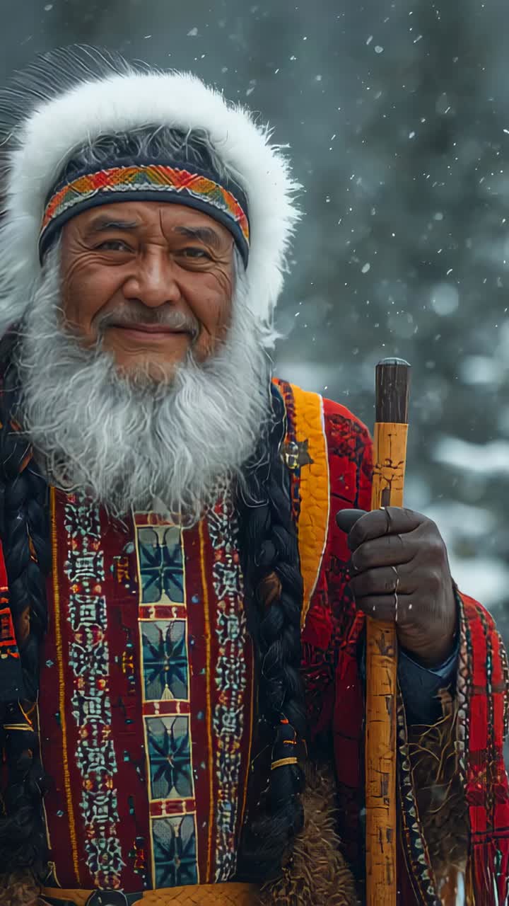 Vertical video: Camera on, elder holding staff smiling in snowy woods for portrait in fur headband