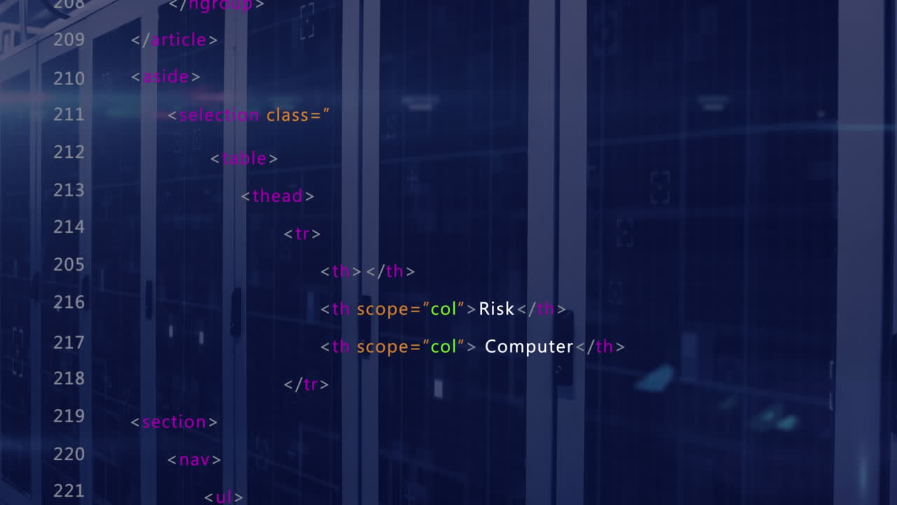 Animation of computer language over data server racks in server room