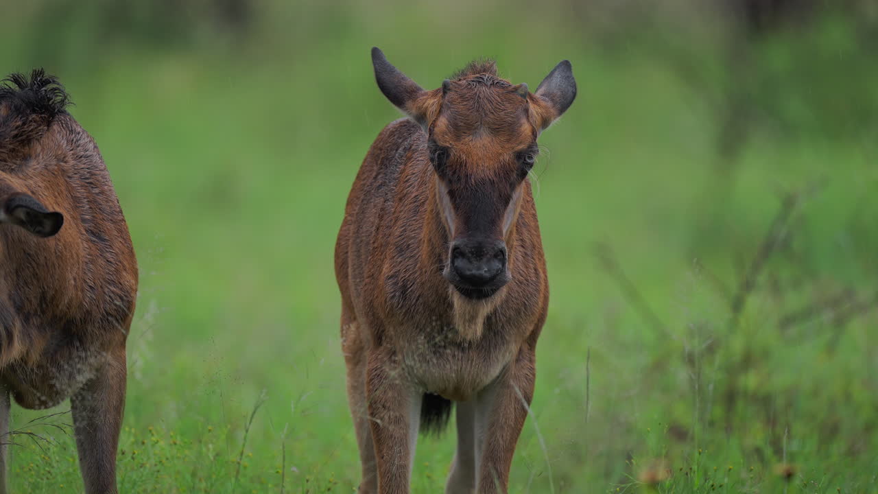 Due Cuccioli di Gnu in un Campo Erboso durante una Giornata Piovosa