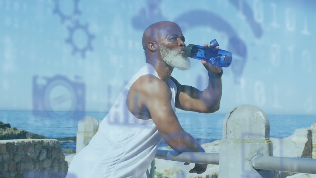 해변에서 물을 마시는 노인 아프리카계 미국인 남성 위의 미디어 아이콘의 애니메이션