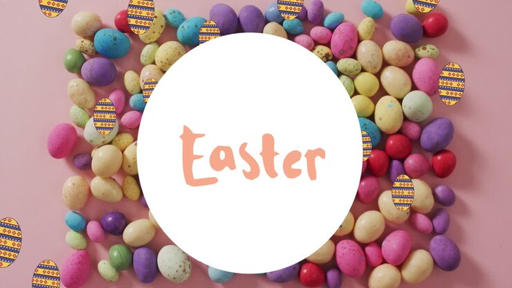 Animation of easter in circle over easter eggs on pale pink background