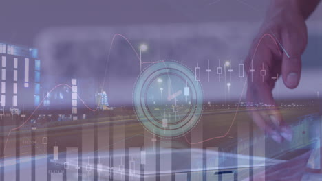 Animation of clock, statistics and data processing over businesswoman using tablet
